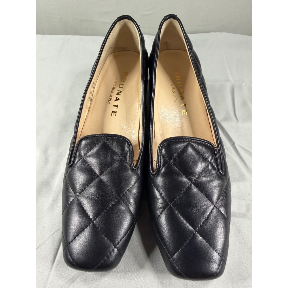 Brunate Black Quilted Leather Loafers Square Toe Block Heel Made in Italy 37.5